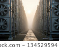 Industrial cooling fan corridor at sunrise 134529594
