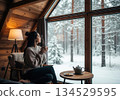 Cozy cabin window view with woman and tea 134529595