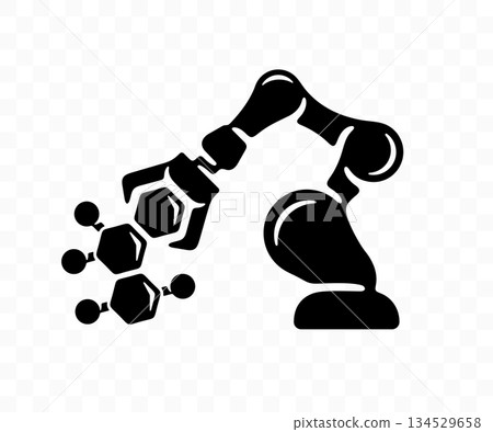 Robotic arm, robot manipulator, molecular and chemical structure, graphic design. Industrial and mechanical arm, molecules and atomic model, vector design and illustration 134529658