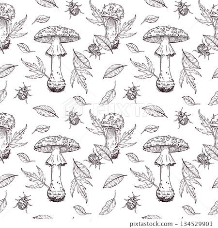 Seamless vector pattern of fly agarics, autumn leaves, beetles, tree twigs. All objects are hand-drawn in vector. The illustration is perfect for printing on fabric, paper, for kitchen textiles. 134529901