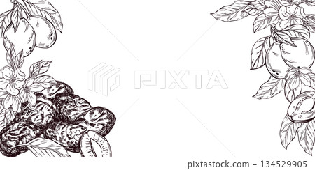 A frame of prunes and plums with leaves, all objects are hand-drawn in vector. The frame made of fruits and dried fruits is perfect for printing on food packaging, textiles, for design. 134529905