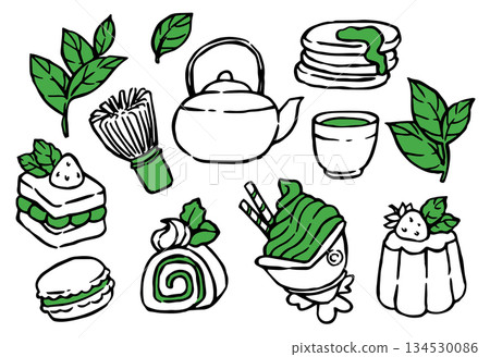 Japanese matcha tea. Doodle set of elements. Matcha tea and desserts. 134530086