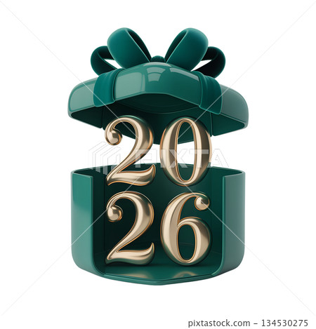 3d render of a stylish green gift box opening to reveal large, reflective golden numbers for the new year 2026 on an isolated background 3d render of a stylish green gift box opening to reveal large, reflective golden numbers for the new year 2026 on an isolated background 134530275
