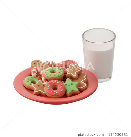 3d scene of freshly baked christmas cookies and a glass of milk on a red plate, perfect for santa, holiday treats, and festive concepts 134530281