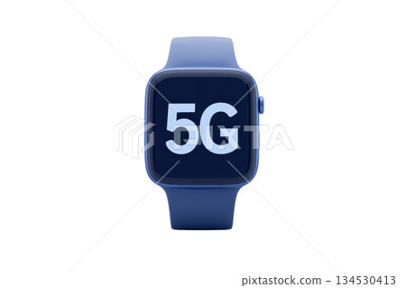 A sleek blue smartwatch prominently displaying "5G" on its screen, highlighting modern technology and connectivity. 134530413