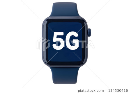 A smartwatch displaying "5G" on its screen, emphasizing advanced connectivity features. 134530416