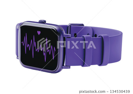 A modern purple smartwatch displaying a heartbeat monitor on its screen, designed for fitness tracking and health monitoring. 134530439
