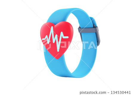 A vibrant blue smartwatch featuring a heart symbol with a heartbeat line, representing health and fitness tracking. 134530441