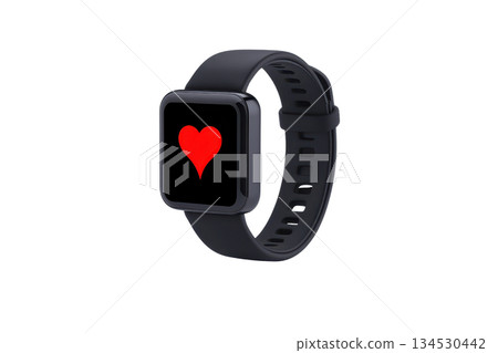 A sleek smartwatch displaying a red heart symbol on its screen, designed for health tracking and modern aesthetics. A sleek smartwatch displaying a red heart symbol on its screen, designed for health tracking and modern aesthetics. 134530442