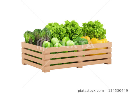 A wooden crate filled with a variety of fresh green vegetables, including lettuce, cabbage, and other leafy greens. 134530449