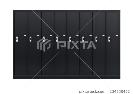 A series of black lockers with metallic handles, arranged in a row, suitable for storage in schools or gyms. 134530462