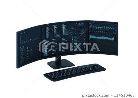 A modern, curved computer monitor displaying various data metrics and analytics, accompanied by a sleek keyboard. 134530463