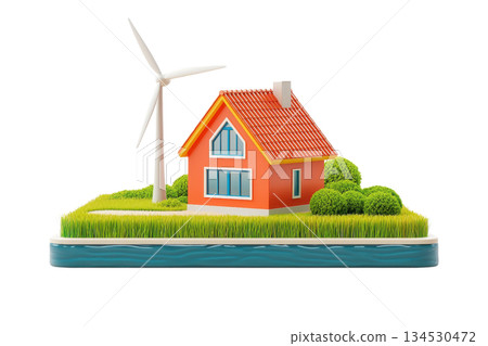 A vibrant model of a house featuring a wind turbine, surrounded by greenery, representing eco-friendly living and renewable energy. 134530472
