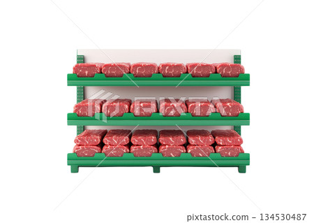 A display of packaged meat arranged on green shelves, showcasing an assortment of red cuts in neat rows. 134530487
