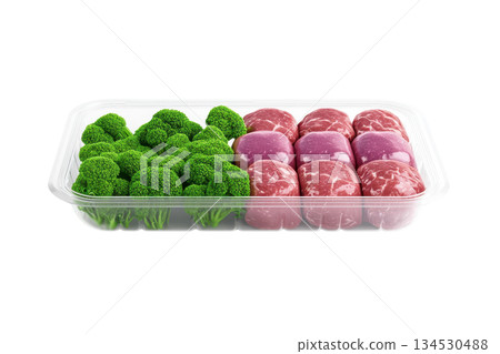 A tray of fresh broccoli and marbled meat cuts arranged side by side, showcasing vibrant colors and textures. 134530488
