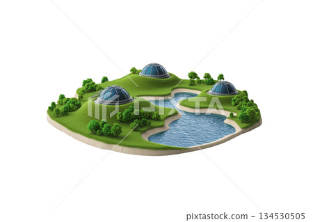 A miniature landscape featuring green hills, a winding river, and three dome structures captures a serene, natural environment. 134530505