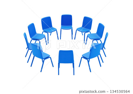 A circle of blue chairs arranged symmetrically, emphasizing communal seating and a vibrant color scheme. 134530564