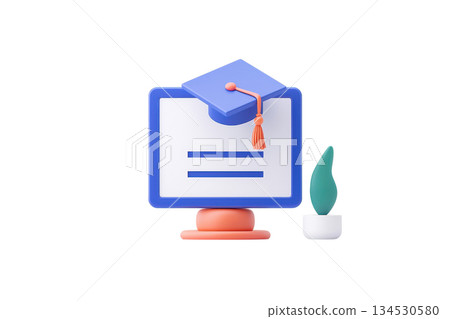 A stylized computer screen featuring a graduation cap, symbolizing education and academic achievement, accompanied by a small plant. 134530580