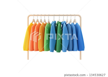 A colorful display of hoodies arranged neatly on a wooden rack, showcasing a variety of vibrant shades. 134530627