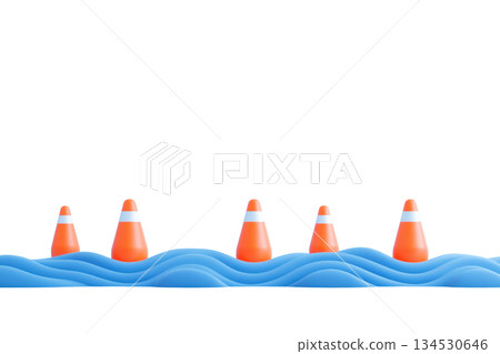 Five orange traffic cones are partially submerged in vibrant blue waves. 134530646