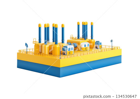 A vibrant yellow and blue industrial platform featuring multiple tall smokestacks and various structures, resembling a facility for energy production or processing. 134530647