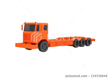 A bright orange truck chassis with three axles, designed for heavy-duty transport and construction purposes. 134530648