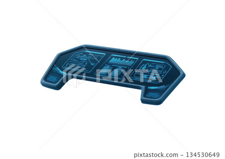 A futuristic control panel featuring glowing interface elements and digital displays. 134530649