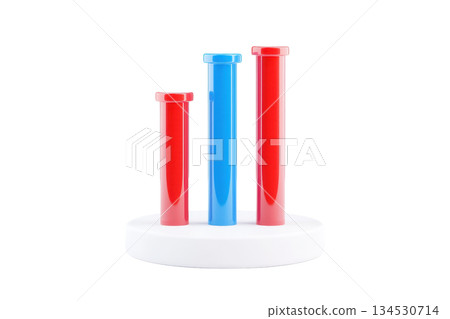 Three test tubes filled with vibrant red and blue liquids, arranged on a white circular base. 134530714