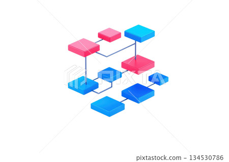A vibrant, abstract arrangement of interconnected blocks in red and blue, symbolizing data flow or network connections. 134530786