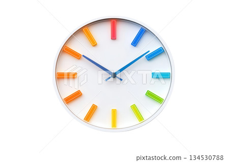 A colorful, modern wall clock featuring bold hour markers and distinctive hands. 134530788