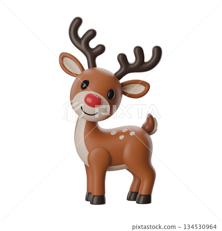 Friendly, smiling 3d reindeer with shiny red nose, ideal for holiday cards, websites, and festive storytelling Friendly, smiling 3d reindeer with shiny red nose, ideal for holiday cards, websites, and festive storytelling 134530964