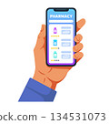 Online pharmacy mobile app interface on smartphone illustration 134531073