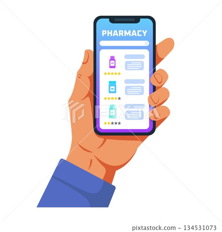 Online pharmacy mobile app interface on smartphone illustration 134531073
