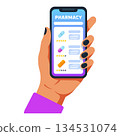Online pharmacy app on smartphone in hand illustration 134531074