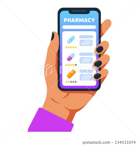 Online pharmacy app on smartphone in hand illustration 134531074