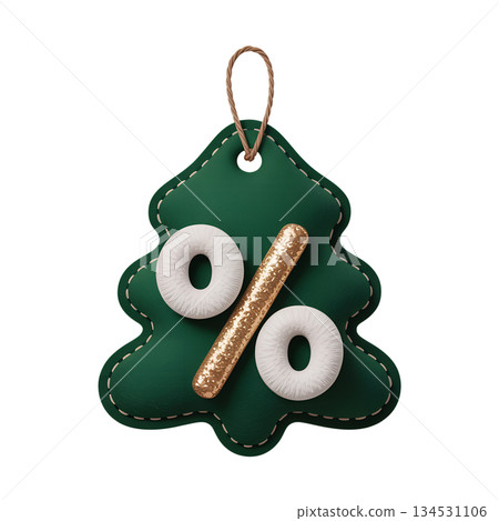Festive 3d discount tag shaped like a christmas tree with a percentage sign, perfect for holiday sales banners, promotions, and shopping ads 134531106