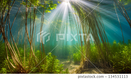 Sunbeams penetrate the thickness of the water in an underwater forest of algae. Sunbeams penetrate the thickness of the water in an underwater forest of algae. 134531113