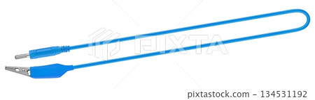 electric cable, with a metal contact on one side and a clip (crocodile) on the other, on a white background in insulation 134531192