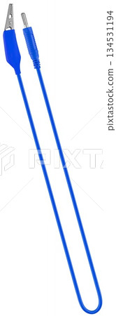 electric cable, with a metal contact on one side and a clip (crocodile) on the other, on a white background in insulation 134531194