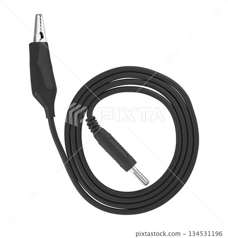 electric cable, with a metal contact on one side and a clip (crocodile) on the other, on a white background in insulation electric cable, with a metal contact on one side and a clip (crocodile) on the other, on a white background in insulation 134531196