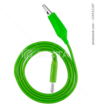 electric cable, with a metal contact on one side and a clip (crocodile) on the other, on a white background in insulation electric cable, with a metal contact on one side and a clip (crocodile) on the other, on a white background in insulation 134531197