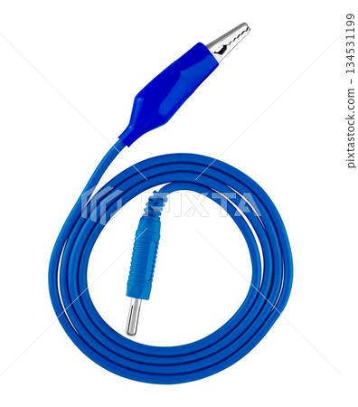 electric cable, with a metal contact on one side and a clip (crocodile) on the other, on a white background in insulation 134531199