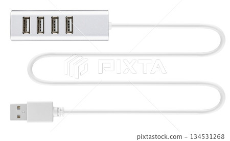USB hub for four USB ports, on white background in insulation 134531268