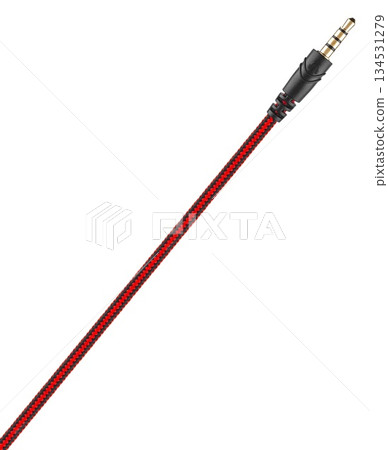 3.5 mm audio jack plug with cable, insulated on white background 134531279