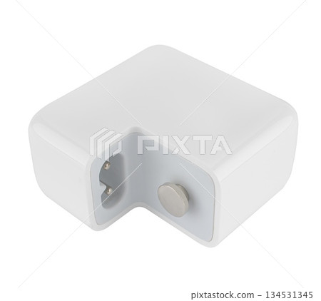 Laptop power adapter, computer spare part, on white background in insulation Laptop power adapter, computer spare part, on white background in insulation 134531345