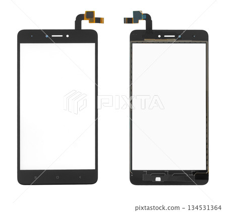 touchscreen, touch glass for phone, on white background in isolation, view from both sides 134531364