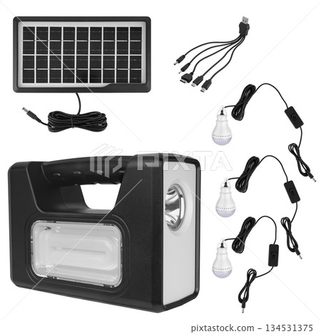 battery lantern, portable with handle with solar panel, on white background in insulation 134531375