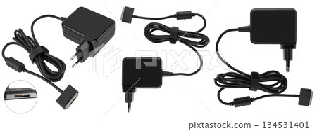 Laptop power adapter, computer spare part, on white background in insulation Laptop power adapter, computer spare part, on white background in insulation 134531401