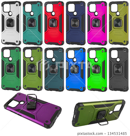 Silicone shockproof phone case, with ring holder, white background in insulation 134531485