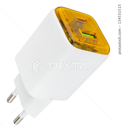 Classic white power adapter with USB port. on white background in insulation Classic white power adapter with USB port. on white background in insulation 134531515
